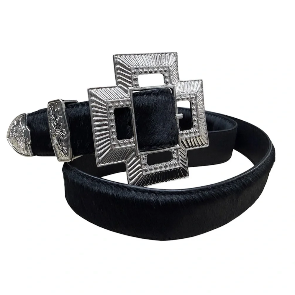 Western Black Calf Hair Leather Belt Silver Statement Buckle Southwestern